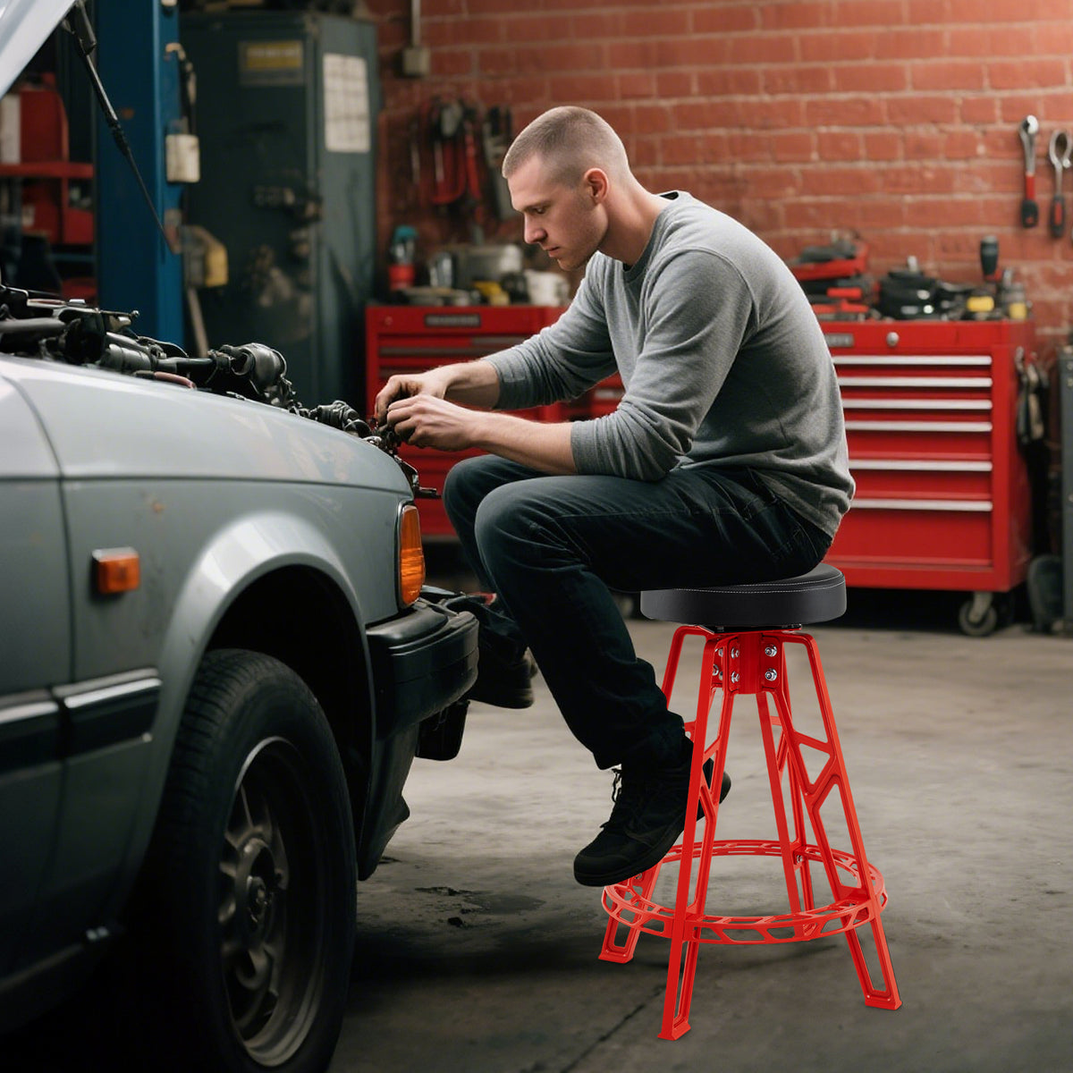 Heavy-Duty Aluminum Garage Bar Chair with 360Â° Swiveling Seat-Red