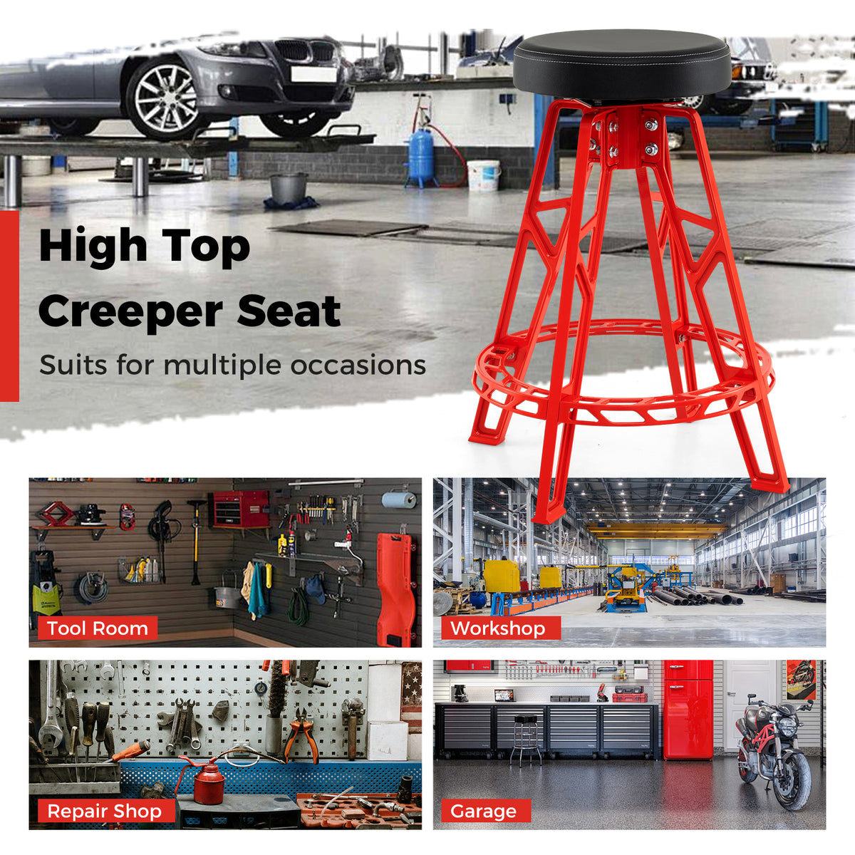 Heavy-Duty Aluminum Garage Bar Chair with 360Â° Swiveling Seat-Red