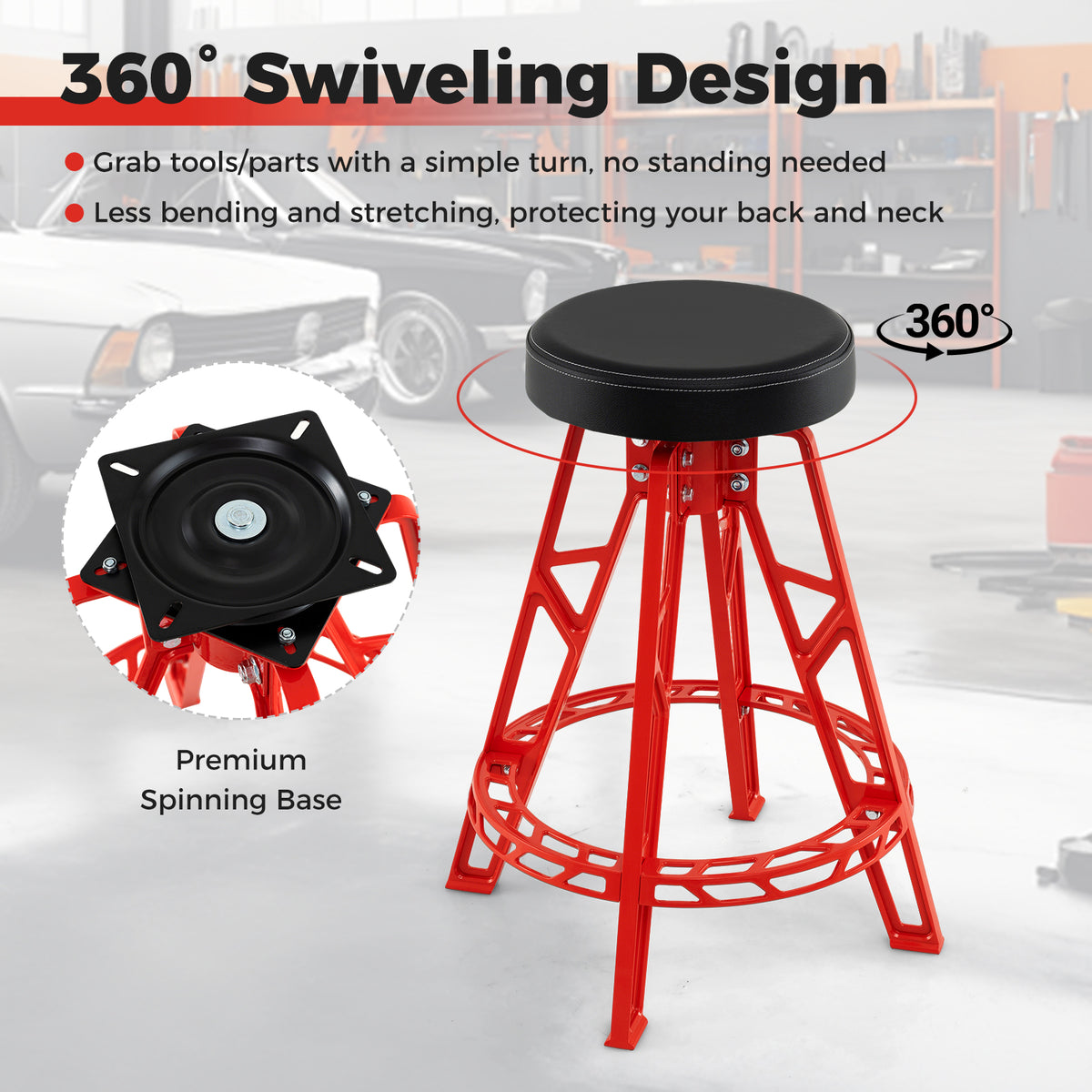 Heavy-Duty Aluminum Garage Bar Chair with 360Â° Swiveling Seat-Red