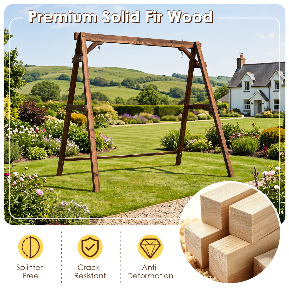 Heavy-Duty Carbonized Fir Wood Swing Frame with Reinforced Bars and 2 Hanging Rings-Brown