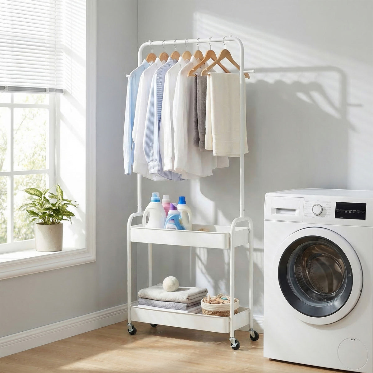 Heavy-Duty Laundry Cart with Hanging Rod and 2 Storage Baskets for Bedroom