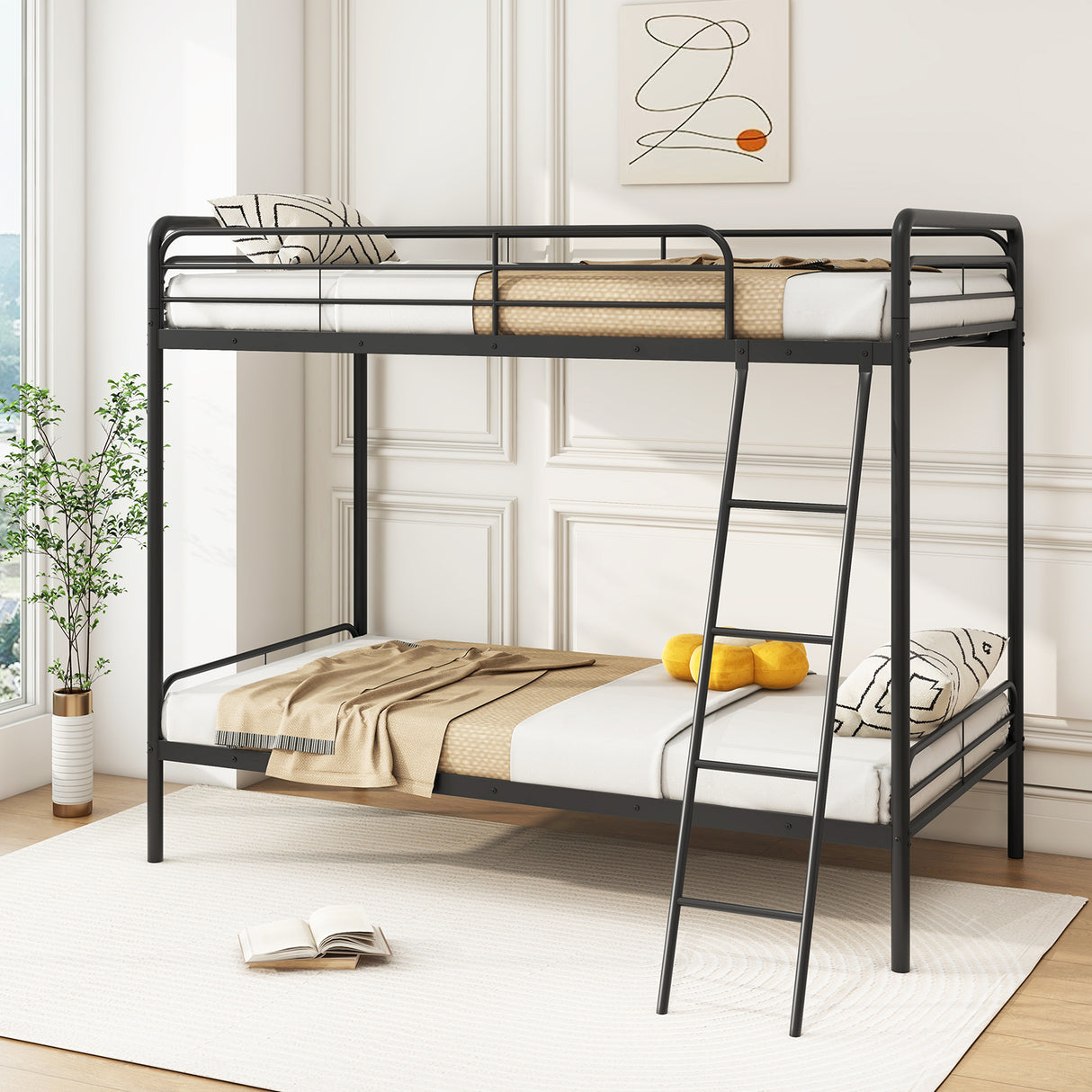 Heavy Duty Metal Bunk Bed with Ladder and Safety Guardrails-Black