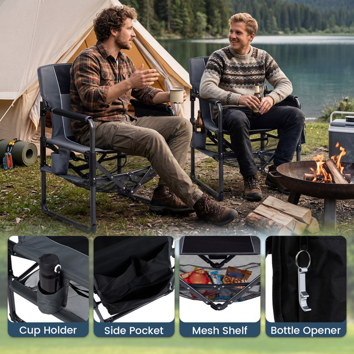 Heavy Duty Outdoor Camping Chair with Cup Holder and Bottle Opener