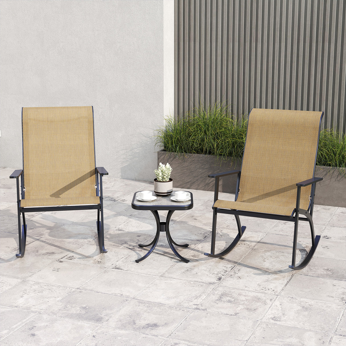 Heavy-Duty Rocking Bistro Chairs and Table Set with High Backrest and Wood-Plastic Tabletop-Brown