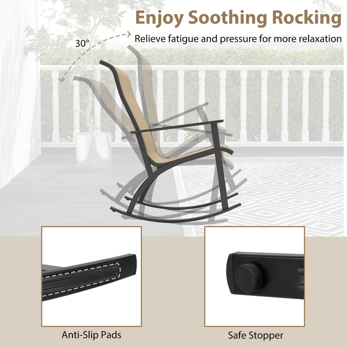 Heavy-Duty Rocking Bistro Chairs and Table Set with High Backrest and Wood-Plastic Tabletop-Brown