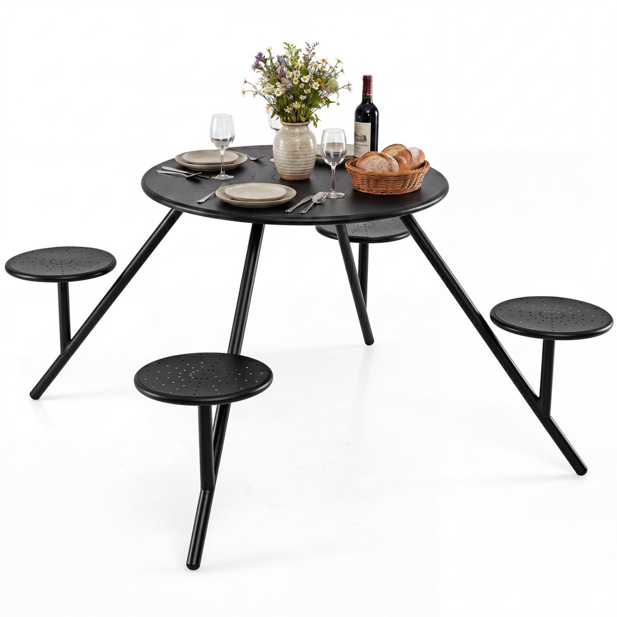 Heavy Duty Round Picnic Table for 4 with Iron Seats & Umbrella Hole-Black