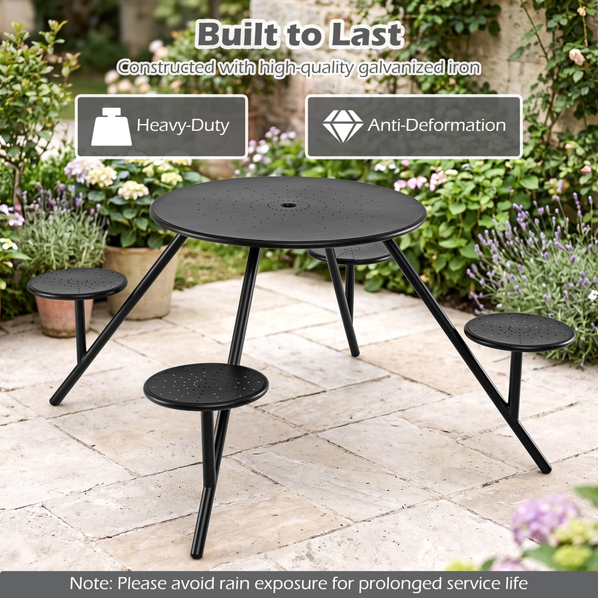 Heavy Duty Round Picnic Table for 4 with Iron Seats & Umbrella Hole-Black