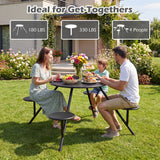 Heavy Duty Round Picnic Table for 4 with Iron Seats & Umbrella Hole-Black