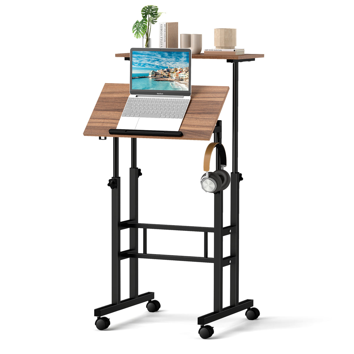 Height-adjustable Mobile Standing Desk with Split Top and Adjustable Angle