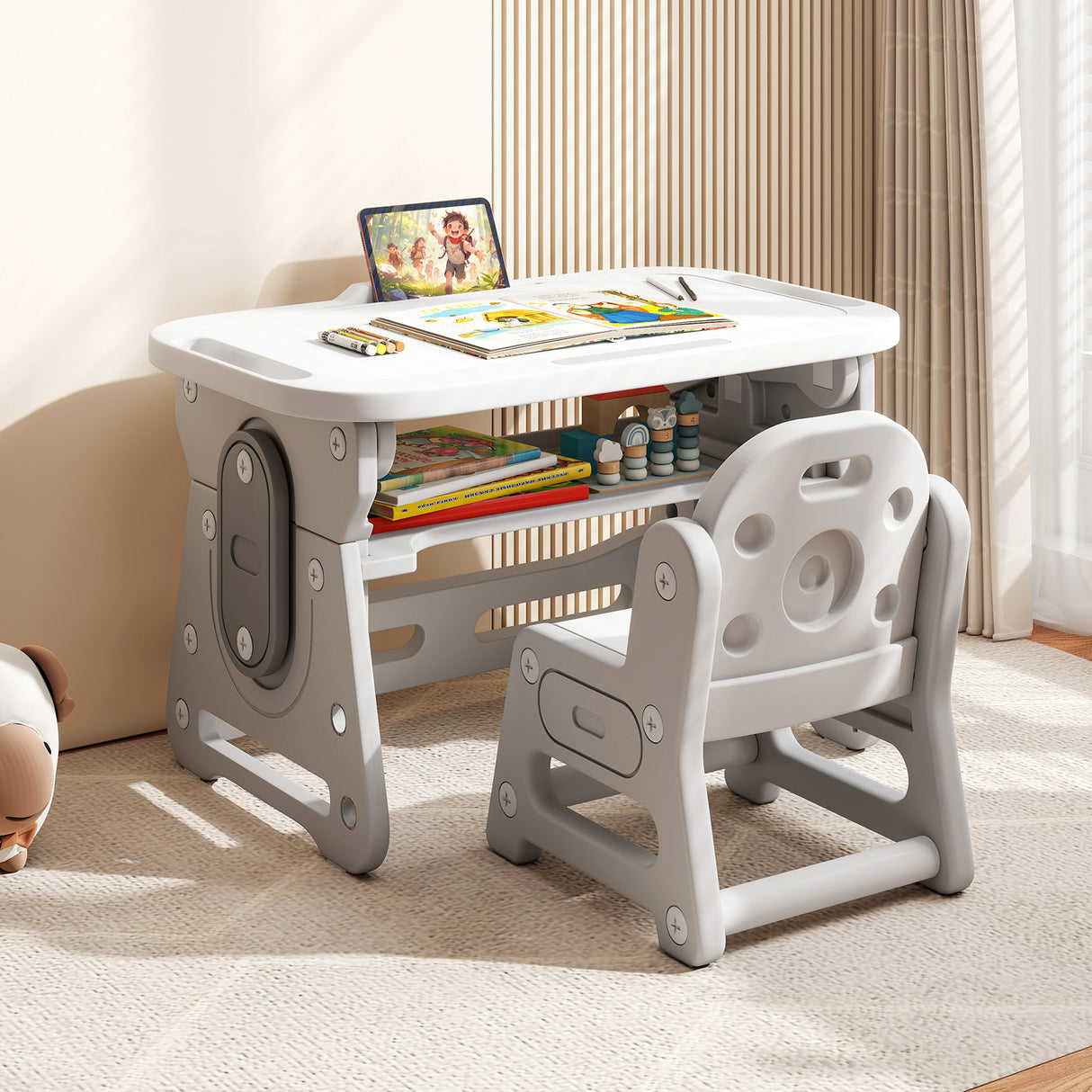 Height Adjustable Kids Table and Chair Set with Tiltable Whiteboard and Concave Shelf