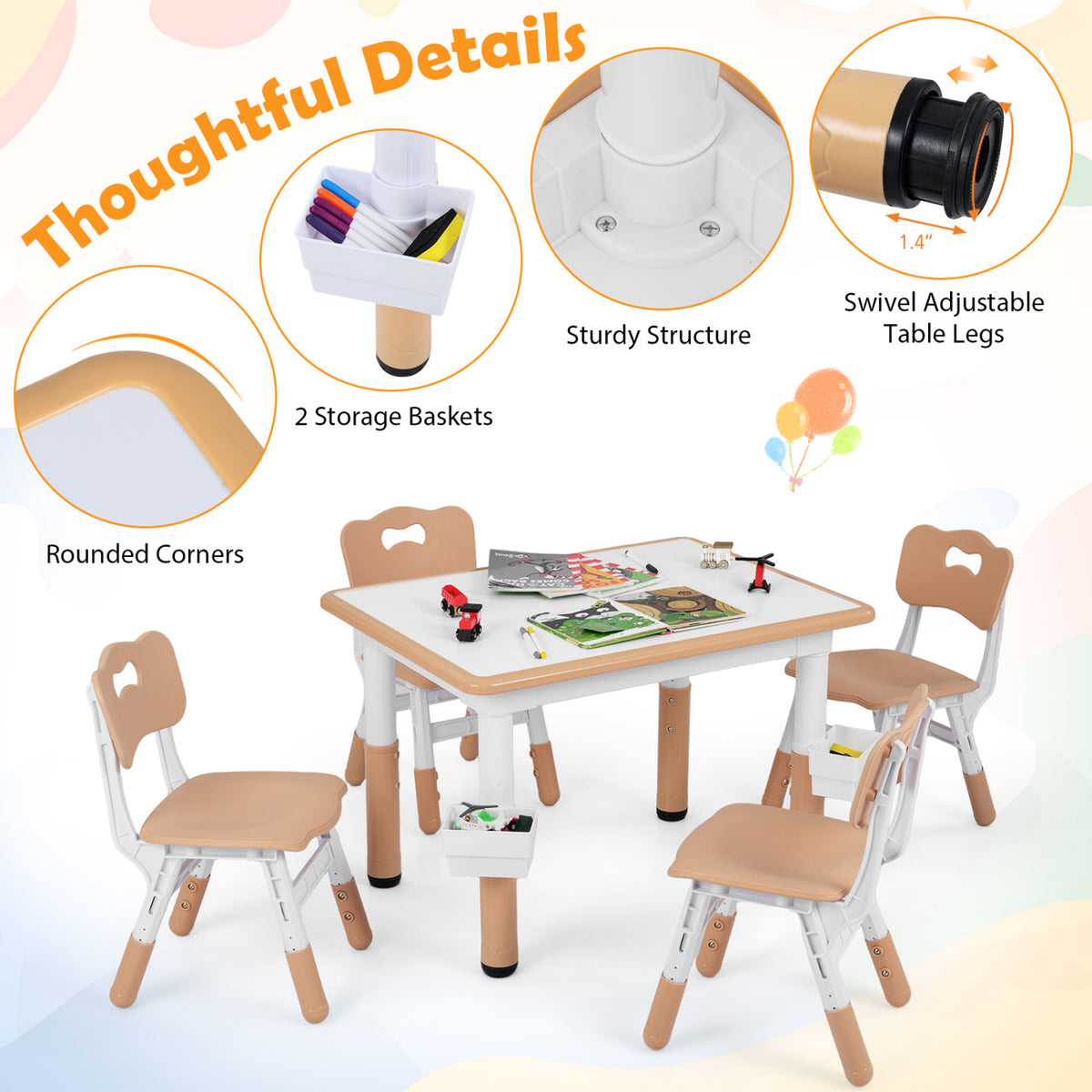 Height Adjustable  Kids Table and 4 Chairs Set with Graffiti Desktop and 2 Storage Baskets