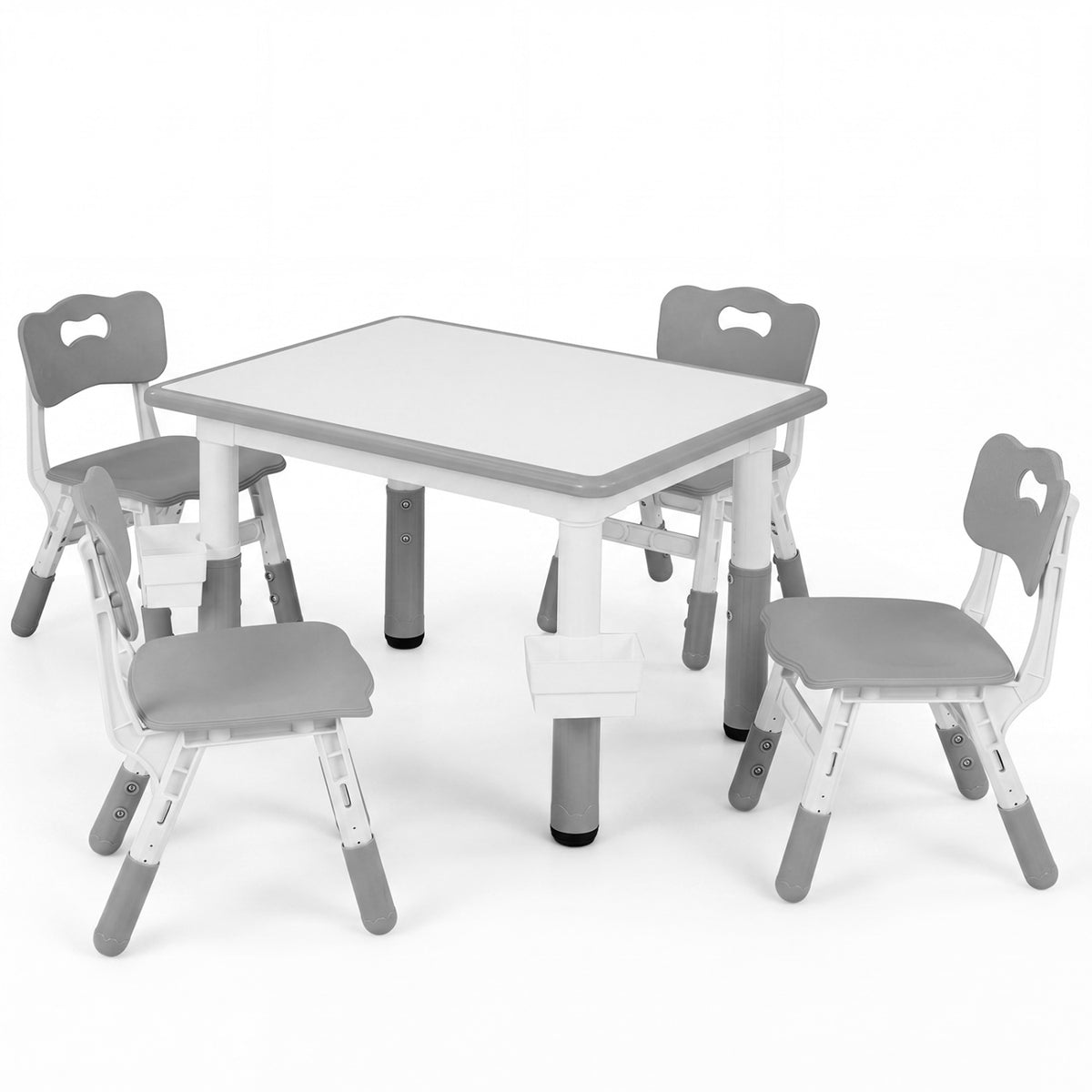 Height Adjustable  Kids Table and 4 Chairs Set with Graffiti Desktop and 2 Storage Baskets