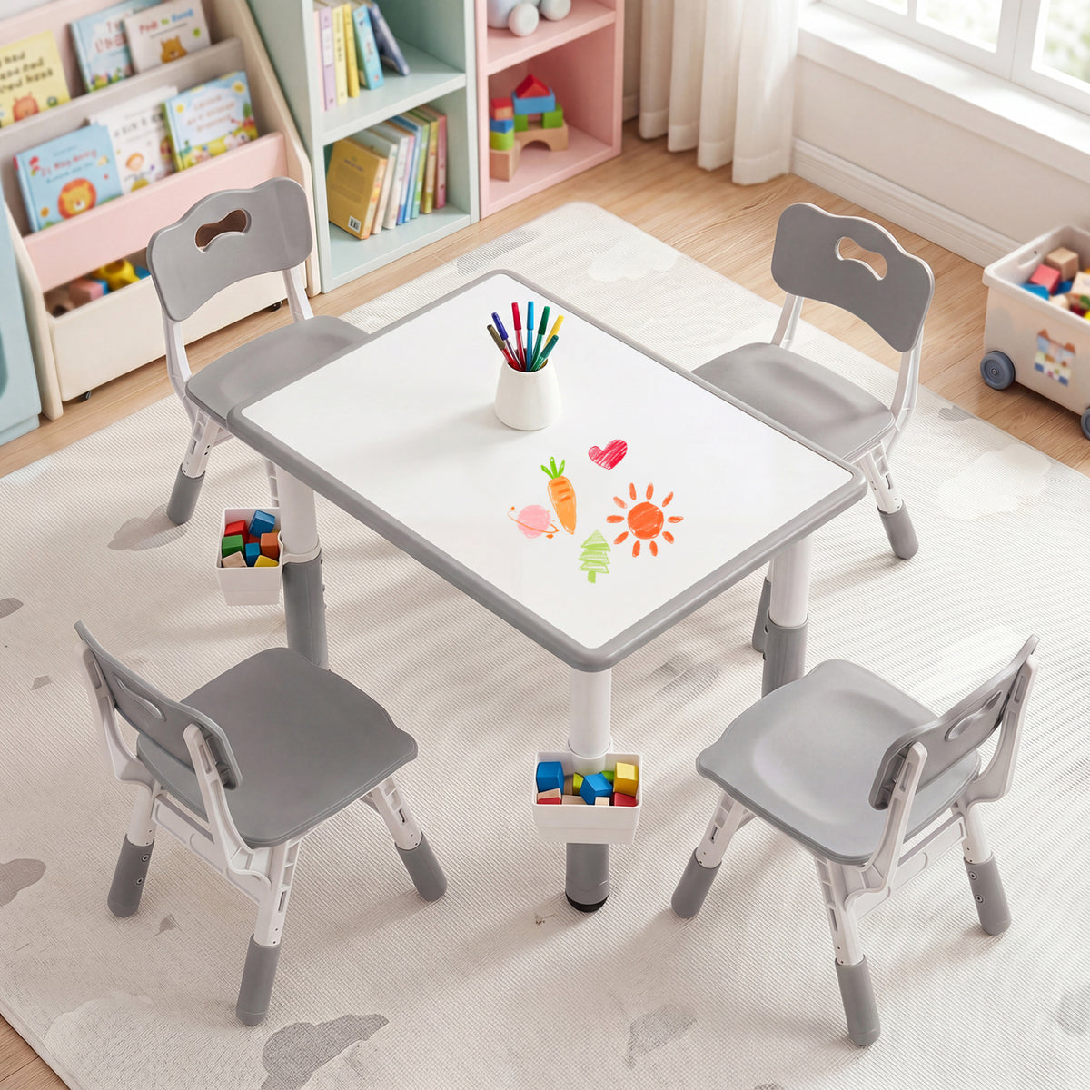 Height Adjustable  Kids Table and 4 Chairs Set with Graffiti Desktop and 2 Storage Baskets