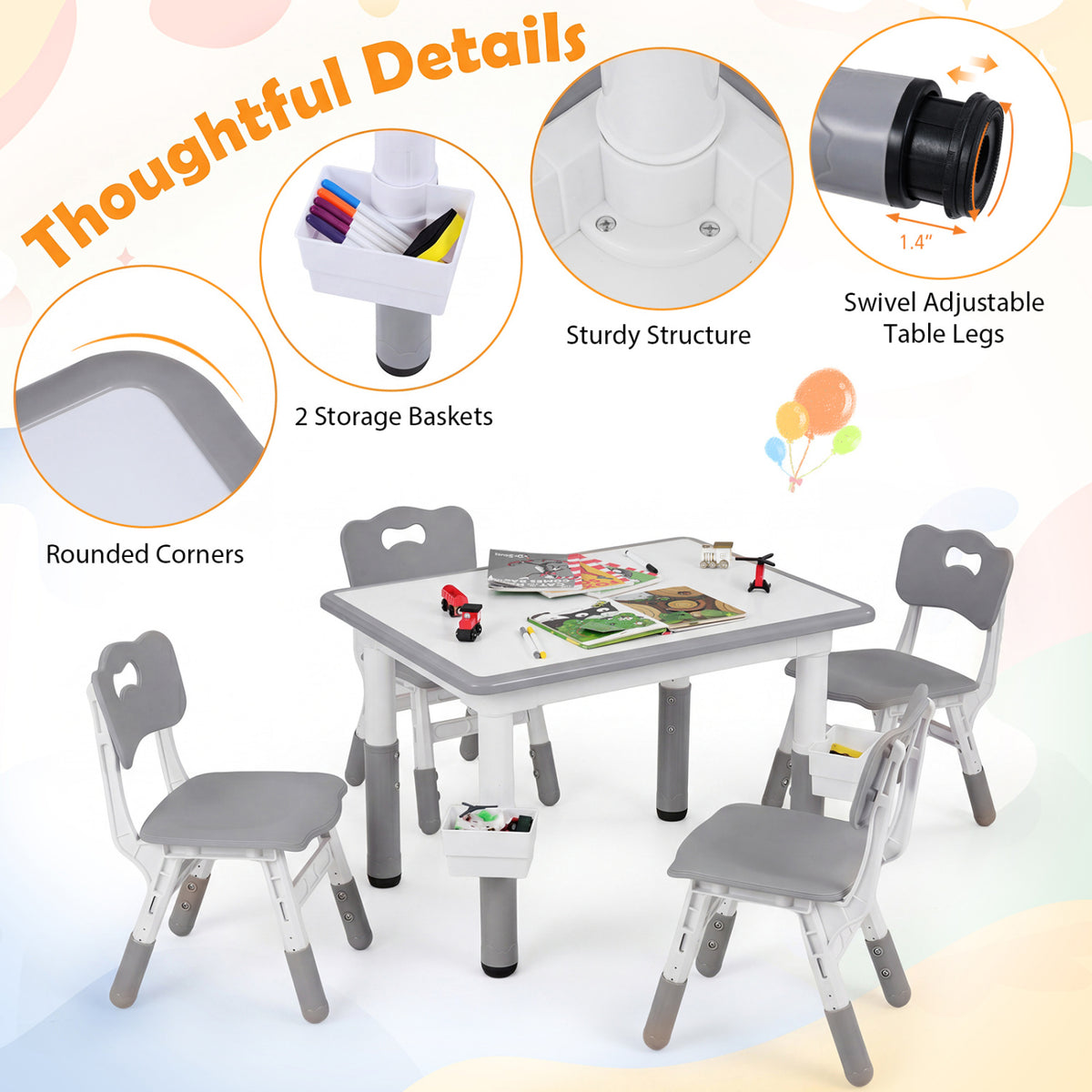 Height Adjustable  Kids Table and 4 Chairs Set with Graffiti Desktop and 2 Storage Baskets