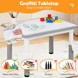 Height Adjustable  Kids Table and 4 Chairs Set with Graffiti Desktop and 2 Storage Baskets