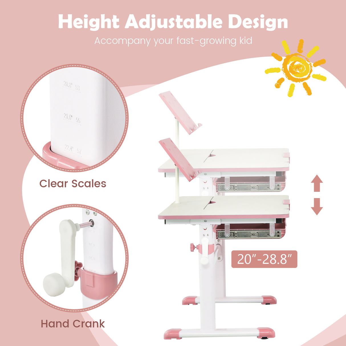 Height-Adjustable Kids Desk with Tilt Desktop and Book Stand