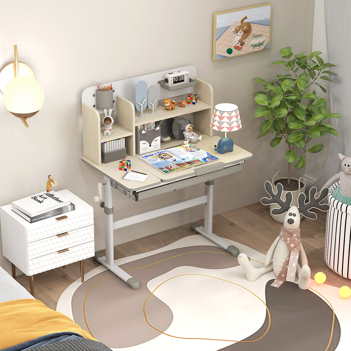Height Adjustable Kids Study Desk with Tilt Desktop for 3-12 Years Old