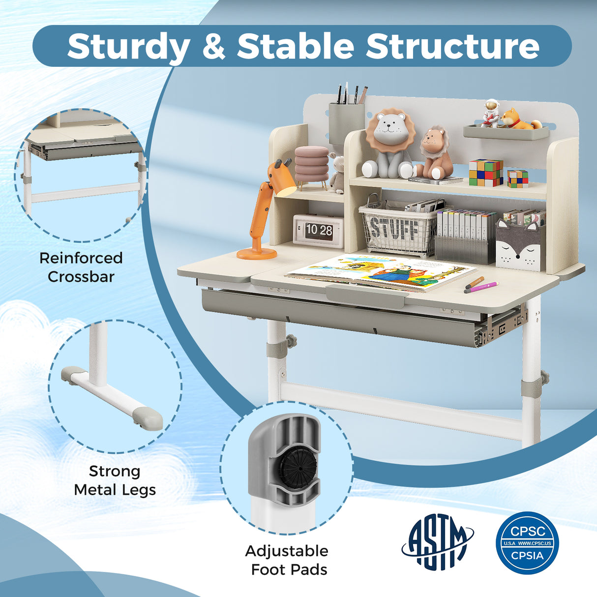 Height Adjustable Kids Study Desk with Tilt Desktop for 3-12 Years Old