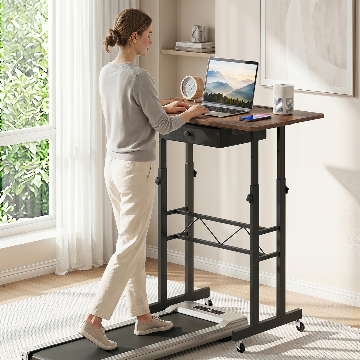 Height Adjustable Laptop Desk with Fabric Drawer Tablet Holder and Lockable Wheels