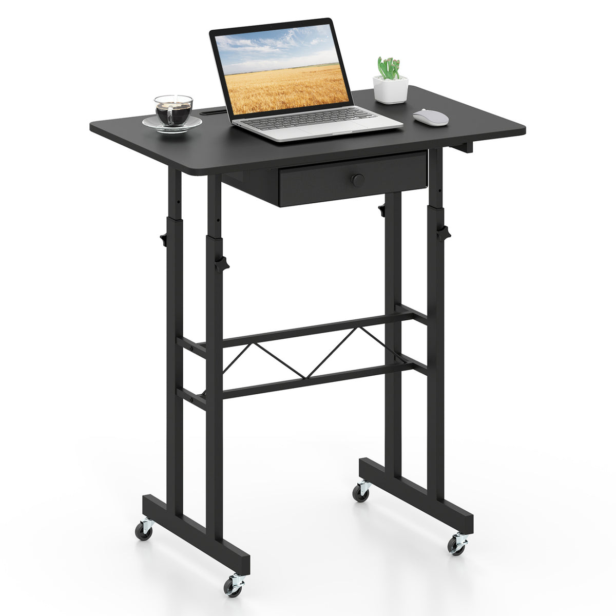 Height Adjustable Laptop Desk with Fabric Drawer Tablet Holder and Lockable Wheels