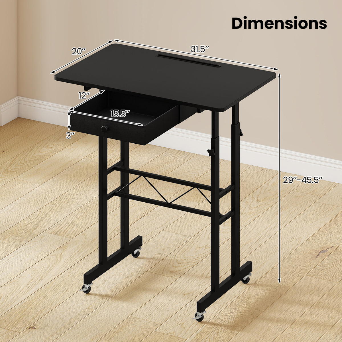 Height Adjustable Laptop Desk with Fabric Drawer Tablet Holder and Lockable Wheels