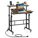 Height Adjustable Mobile Standing Desk with Power Outlets and Portable Rolling Laptop Cart on Wheels-Rustic Brown
