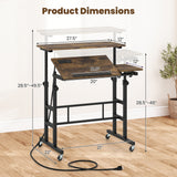 Height Adjustable Mobile Standing Desk with Power Outlets and Portable Rolling Laptop Cart on Wheels-Rustic Brown