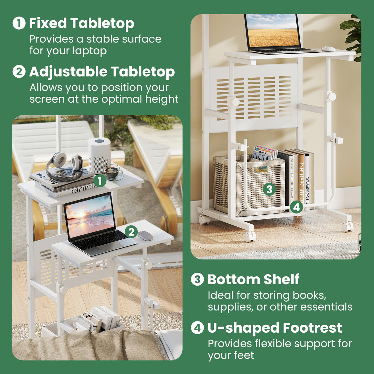 Height Adjustable Mobile Computer Stand-Up Desk with 2 Modes