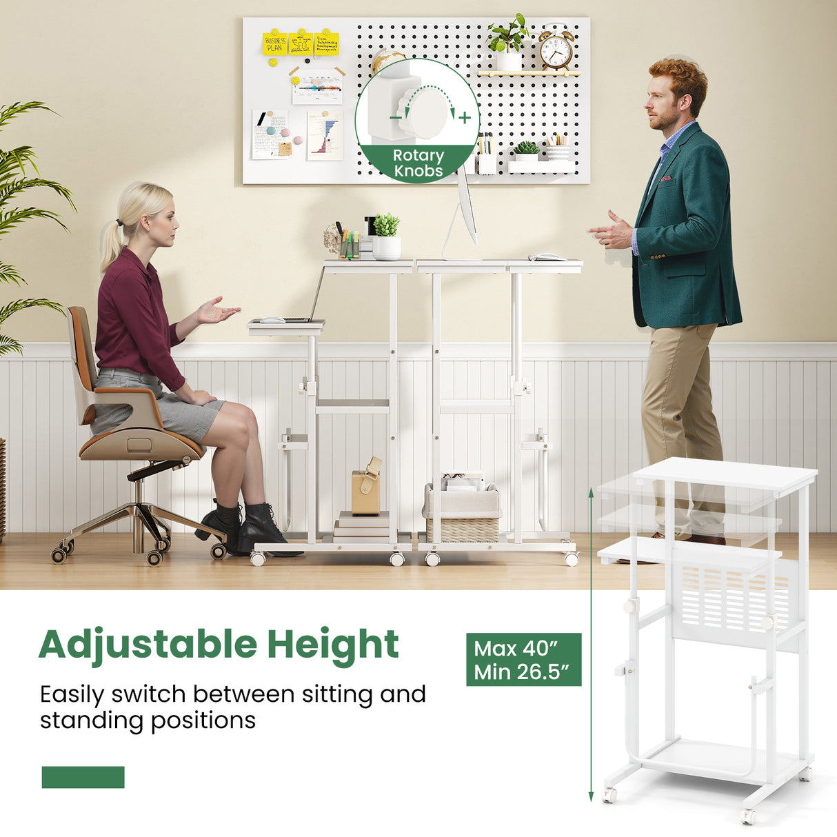Height Adjustable Mobile Computer Stand-Up Desk with 2 Modes