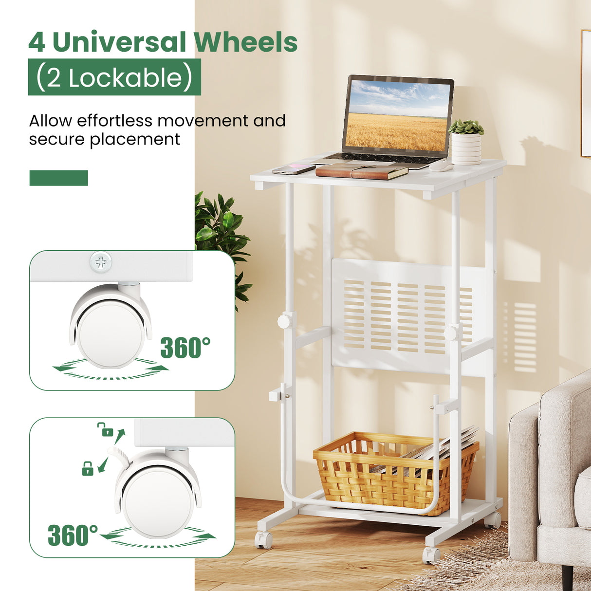 Height Adjustable Mobile Computer Stand-Up Desk with 2 Modes