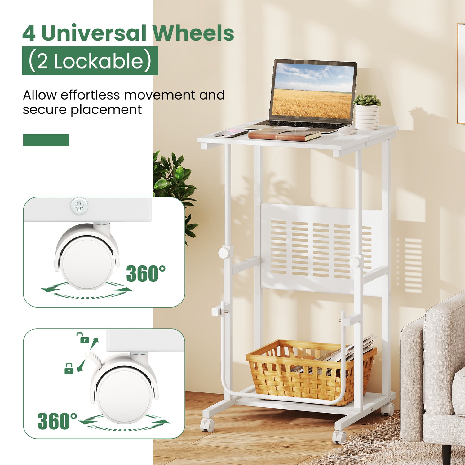 Height Adjustable Mobile Computer Stand-Up Desk with 2 Modes
