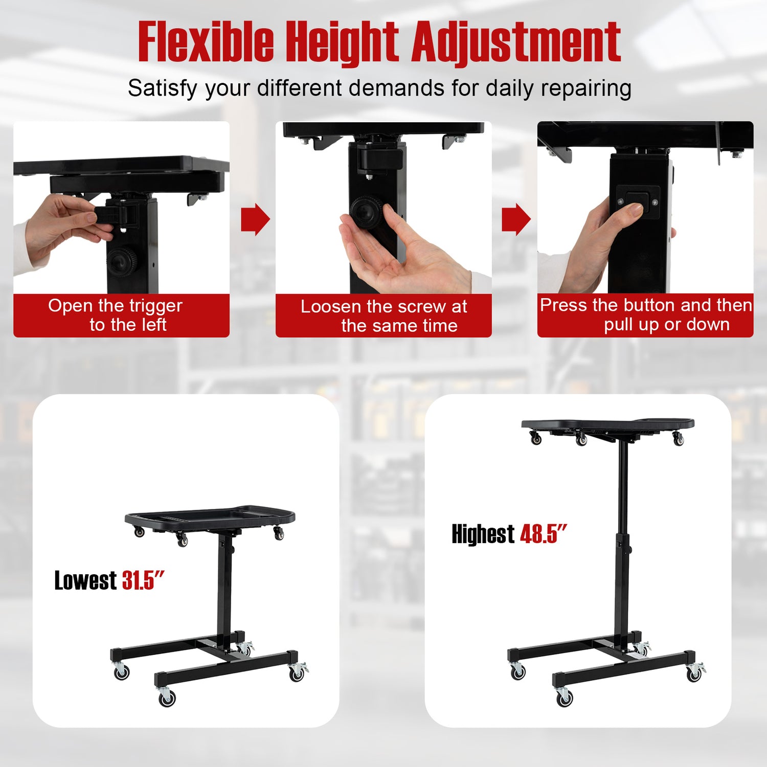 2-in-1 Rolling Tool Tray Height Adjustable Work Table with Detachable Part Tray-Black
