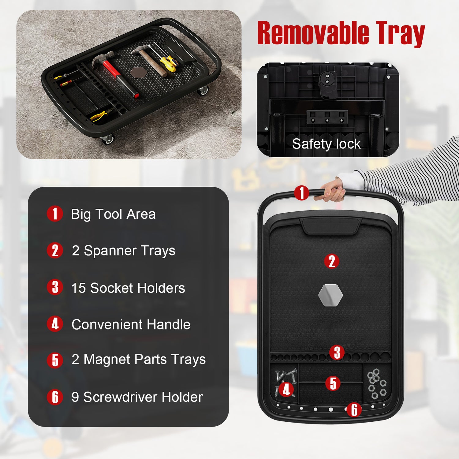 2-in-1 Rolling Tool Tray Height Adjustable Work Table with Detachable Part Tray-Black