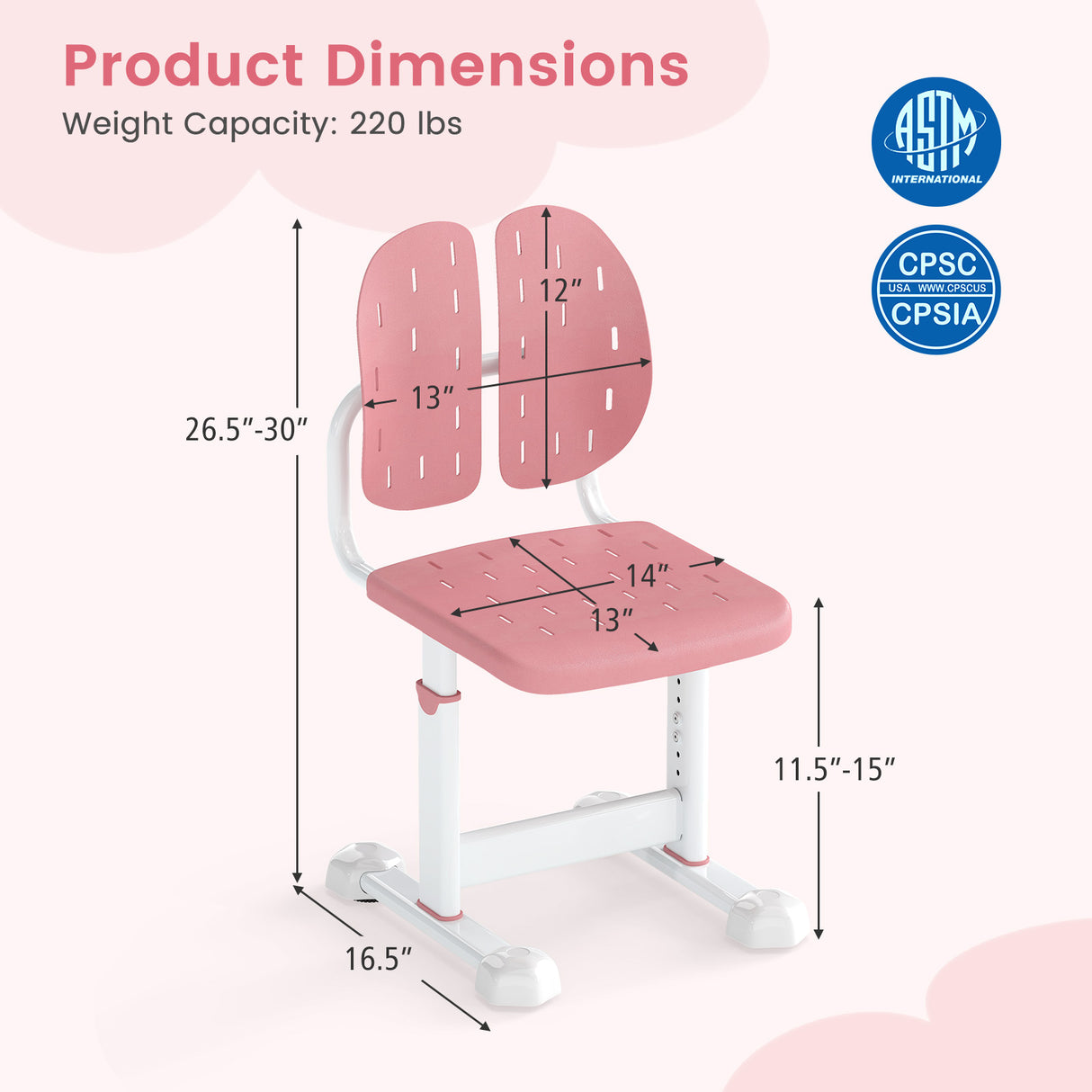 Height-adjustable Kid's Study Chair with Double Back Support and Breathable Seat for 3+ Years Old