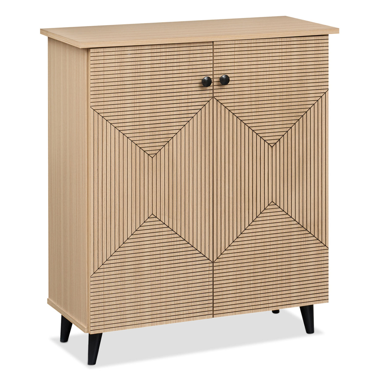 Highâquality 2âDoor Geometric Cabinet Freestanding Decorative Footwear Storage Unit with Carved Panels for Indoor Home Use-Natural