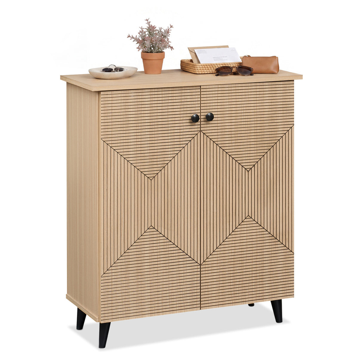 Highâquality 2âDoor Geometric Cabinet Freestanding Decorative Footwear Storage Unit with Carved Panels for Indoor Home Use-Natural