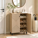 Highâquality 2âDoor Geometric Cabinet Freestanding Decorative Footwear Storage Unit with Carved Panels for Indoor Home Use-Natural