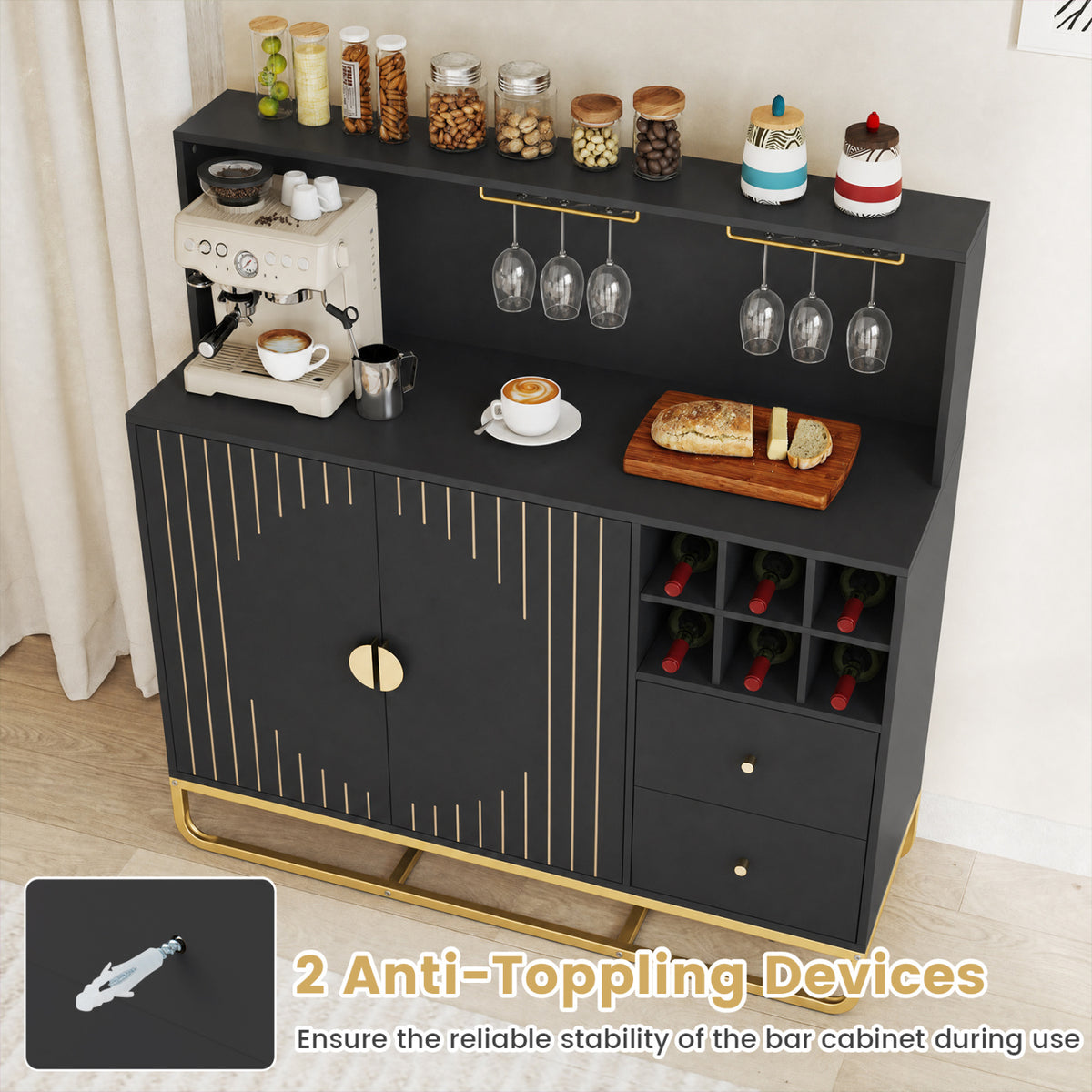 Home Bar Cabinet with Wine Rack Glass Holder and Adjustable Shelf