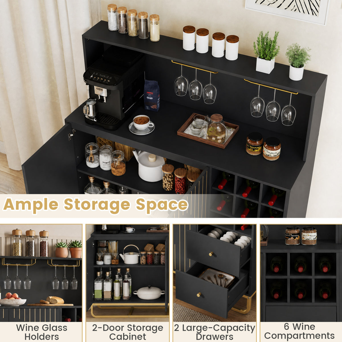 Home Bar Cabinet with Wine Rack Glass Holder and Adjustable Shelf