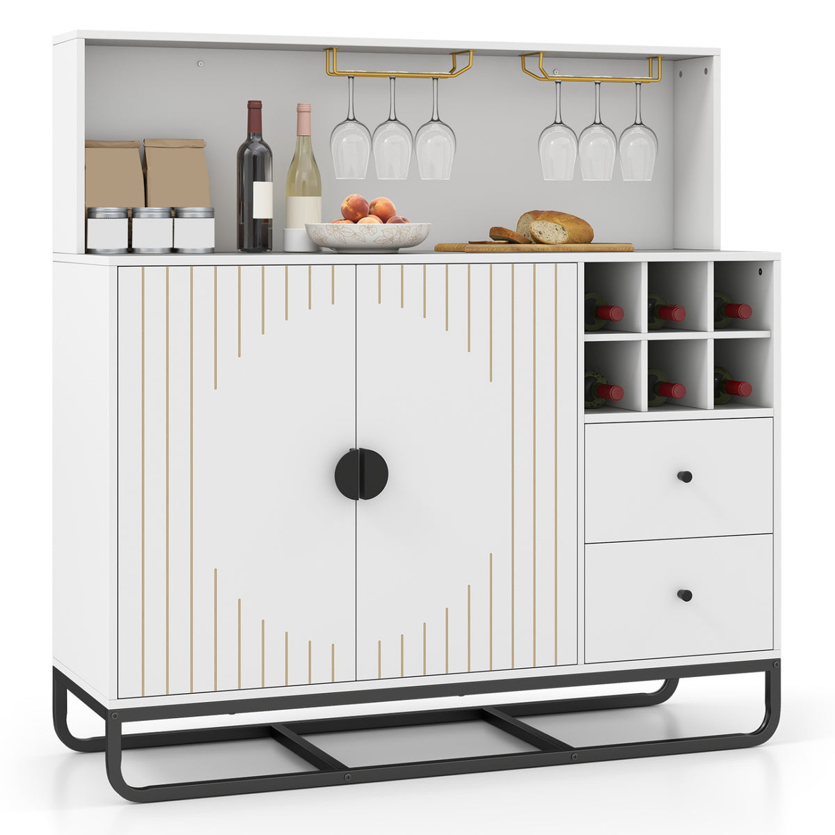Home Bar Cabinet with Wine Rack Glass Holder and Adjustable Shelf