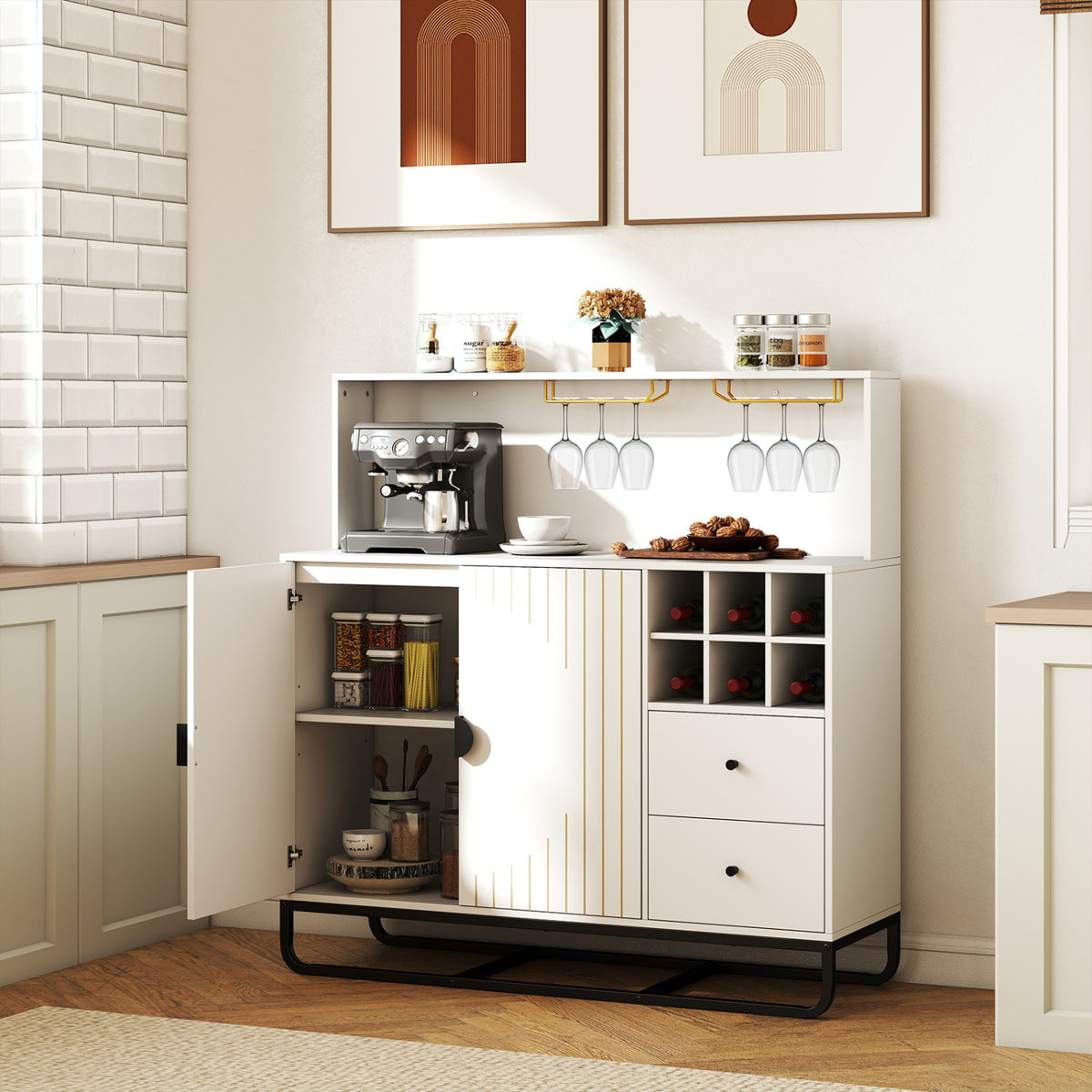 Home Bar Cabinet with Wine Rack Glass Holder and Adjustable Shelf