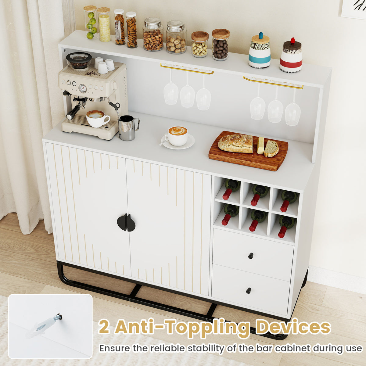 Home Bar Cabinet with Wine Rack Glass Holder and Adjustable Shelf