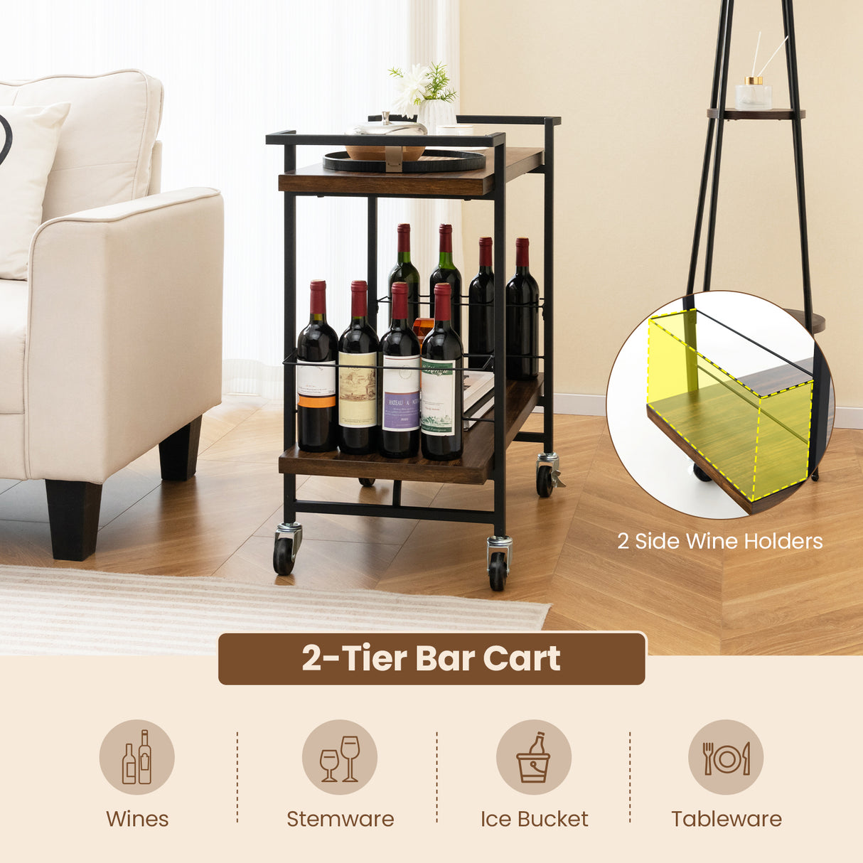 2-Tier Home Bar Cart with Lockable Wheels and Heavy-Duty Metal Frame-Rustic Brown