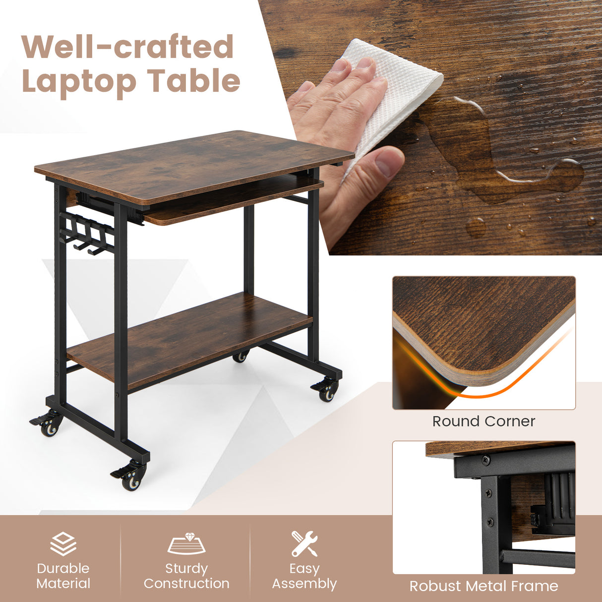 Home Office Computer Desk Cart with Pull-out Keyboard Tray-Rustic Brown