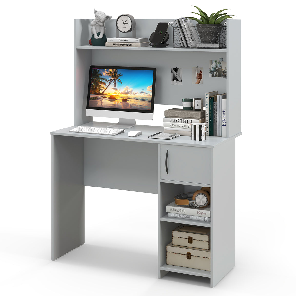 Home Office Desk with Raised Display Shelf and 2 Open Shelves