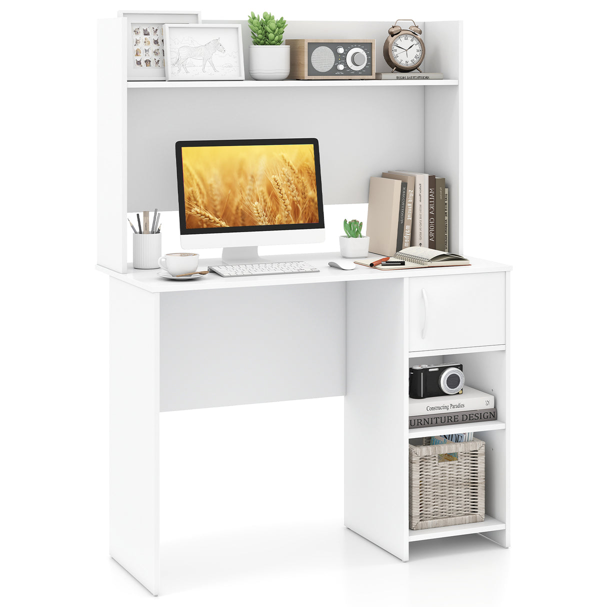 Home Office Desk with Raised Display Shelf and 2 Open Shelves