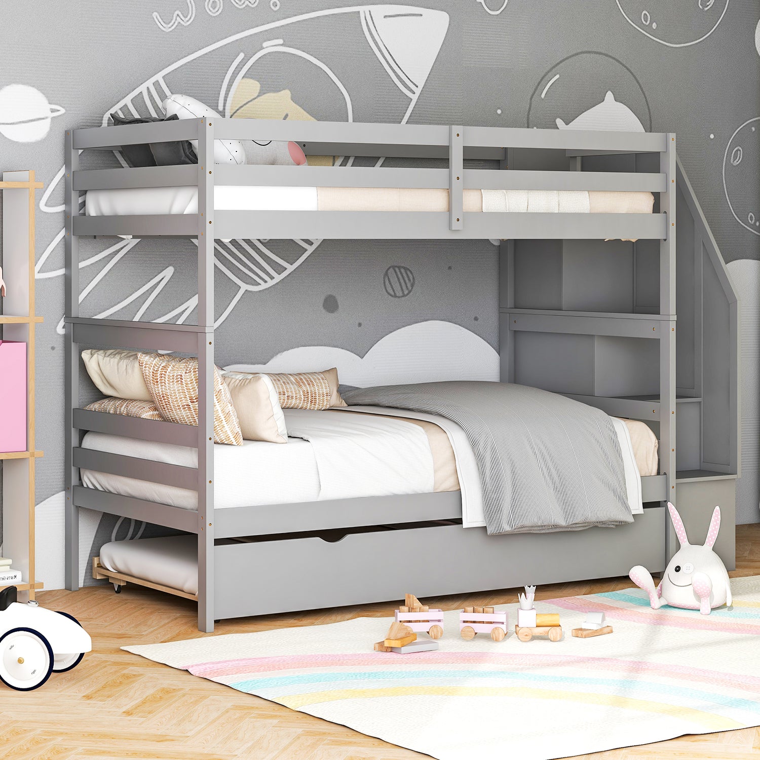 Home Wood Bunk Bed with Guard Rail and 4-step Storage Stairs No Box Spring Needed