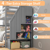 Home Wood Bunk Bed with Guard Rail and 4-step Storage Stairs No Box Spring Needed