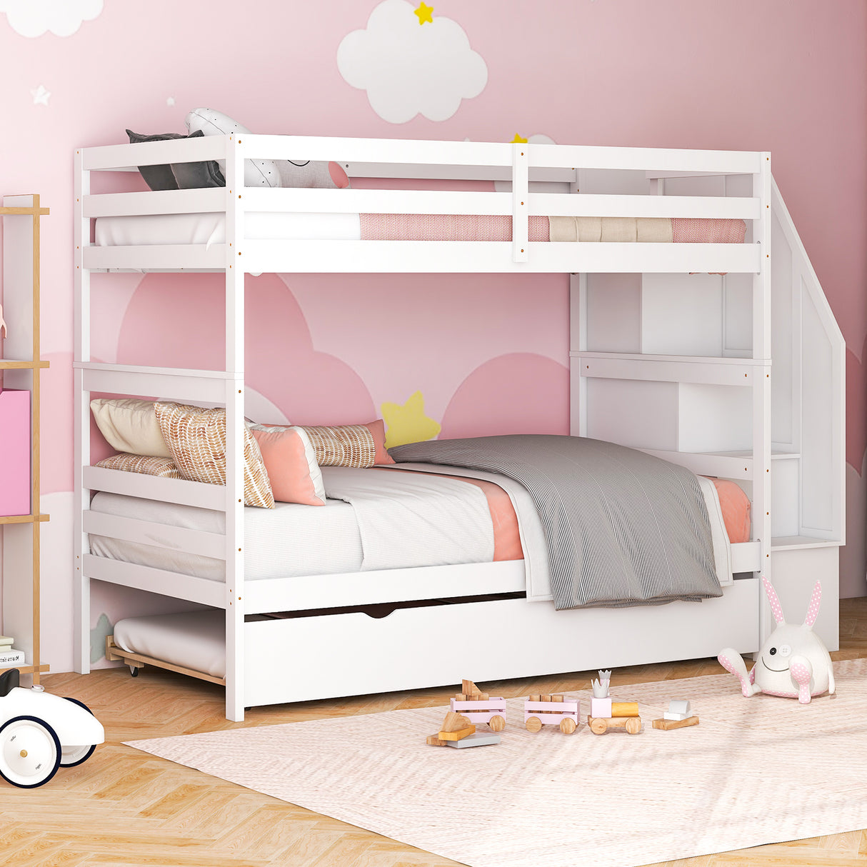 Home Wood Bunk Bed with Guard Rail and 4-step Storage Stairs No Box Spring Needed