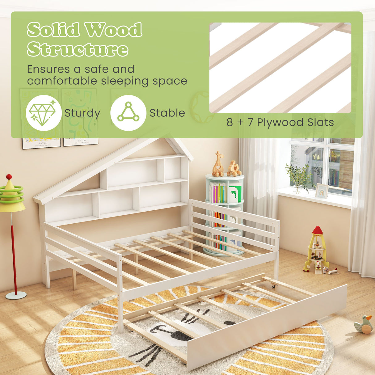 House-Shaped Full Size Daybed with Twin Size Trundle-White